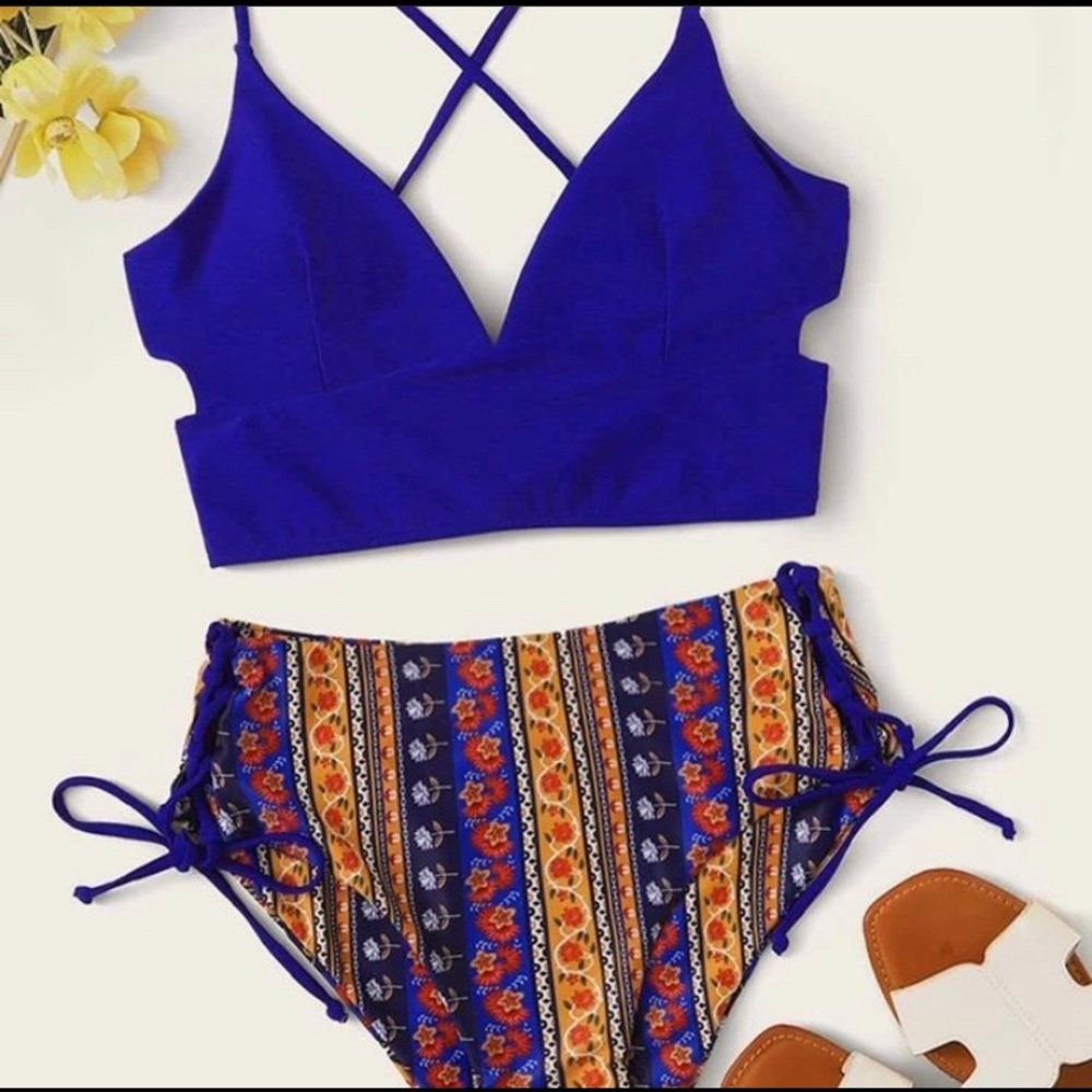 Tribal Print Lace-Up Back High Waisted Bikini